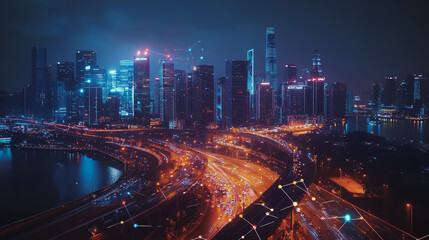 Fototapeta premium Smart digital Innovation city with connection network reciprocity over the cityscape. of future smart wireless digital city and social media networking systems that connects people with in city