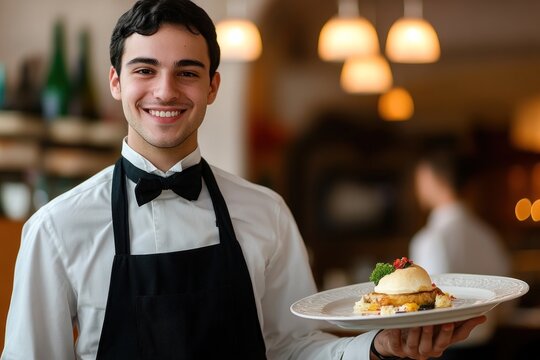 Smiling waiter holding plate with gourmet meal in restaurant - Powered by Adobe