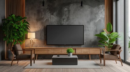 Modern Living Room Interior with Wooden Sideboard and TV Screen on Granite Wall