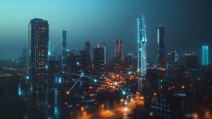 Fototapeta premium Smart digital Innovation city with connection network reciprocity over the cityscape. of future smart wireless digital city and social media networking systems that connects people with in city