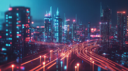 Fototapeta premium Smart digital Innovation city with connection network reciprocity over the cityscape. of future smart wireless digital city and social media networking systems that connects people with in city