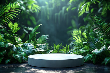 A 3D podium with a sleek white frame surrounded by lush green tropical leaves, perfect for natural product displays or branding presentations, exuding freshness and elegance