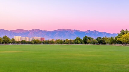 Naklejka premium Serene Landscape at Dusk with Mountains and Green Grass in the Foreground