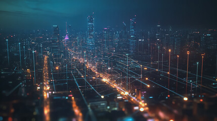 Fototapeta premium Smart digital Innovation city with connection network reciprocity over the cityscape. of future smart wireless digital city and social media networking systems that connects people with in city