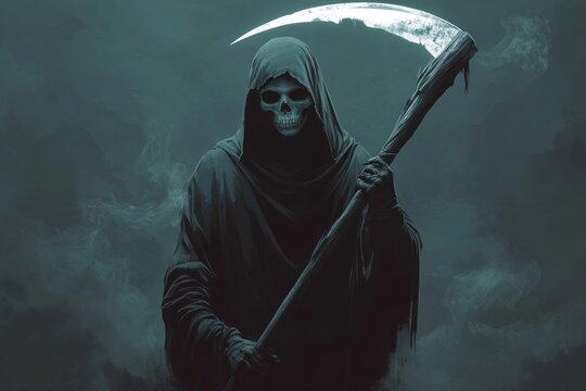 Grim reaper holding scythe surrounded by fog