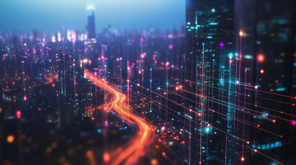 Fototapeta premium Smart digital Innovation city with connection network reciprocity over the cityscape. of future smart wireless digital city and social media networking systems that connects people with in city