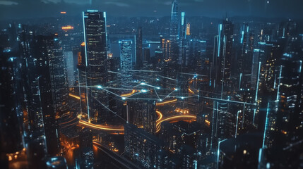 Naklejka premium Smart digital Innovation city with connection network reciprocity over the cityscape. of future smart wireless digital city and social media networking systems that connects people with in city