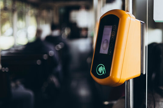 Tram with validator for self-payment. Fare control without a conductor.
