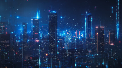 Obraz premium Smart digital Innovation city with connection network reciprocity over the cityscape. of future smart wireless digital city and social media networking systems that connects people with in city