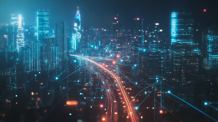 Fototapeta premium Smart digital Innovation city with connection network reciprocity over the cityscape. of future smart wireless digital city and social media networking systems that connects people with in city