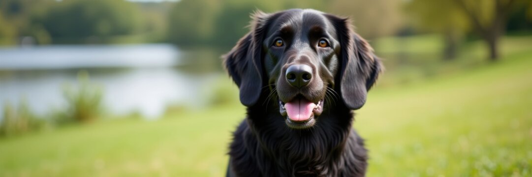 Black Flat-Coated Retriever smiles brightly amidst a lush green field with a tranquil lake reflecting trees in the background