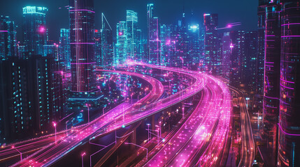 Fototapeta premium Smart digital Innovation city with connection network reciprocity over the cityscape. of future smart wireless digital city and social media networking systems that connects people with in city