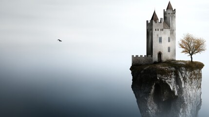 Solitary Castle on an Island - A majestic castle stands alone on a small island, shrouded in mist, symbolizing isolation, mystery, resilience, dreams, and serenity.