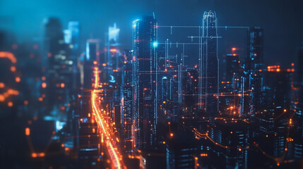 Fototapeta premium Smart digital Innovation city with connection network reciprocity over the cityscape. of future smart wireless digital city and social media networking systems that connects people with in city