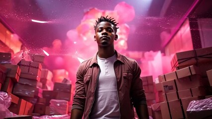 Dynamic performance in an artistic space filled with colorful lights and boxes showcases an engaging atmosphere and creativity