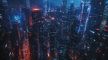 Fototapeta premium Smart digital Innovation city with connection network reciprocity over the cityscape. of future smart wireless digital city and social media networking systems that connects people with in city