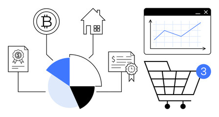 Crypto market analysis featuring a pie chart, Bitcoin symbol, house, shopping cart with 3 icon, financial graph, and documents. Ideal for finance, investment, blockchain real estate e-commerce