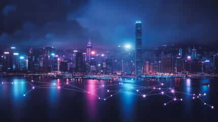 Fototapeta premium Smart digital Innovation city with connection network reciprocity over the cityscape. of future smart wireless digital city and social media networking systems that connects people with in city