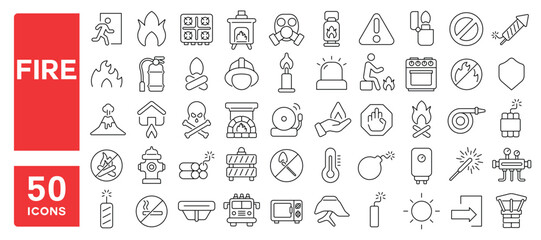 Set of 50 line icons related to fire, flame, lighter, campfire, stove, lantern, bonfire, fireproof, torch, match, Editable stroke. Vector illustration