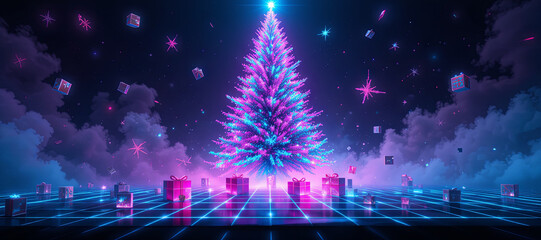 A vibrant Christmas tree radiates vivid lights while surrounded by colorful presents. The ethereal environment features glowing clouds and floating decorations, evoking holiday magic