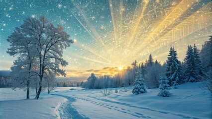 glitch art snow landscape winter wonderland blue gold tones mesmerizing snow crystals reflecting glitching god-rays