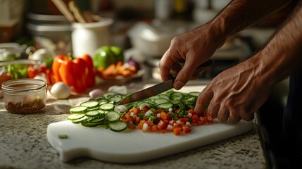 Close-up of a man's hands skillfully chopping fresh cucumbers, tomatoes, and peppers on a white cutting board.  Vibrant vegetables and a rustic kitchen setting create a delicious scene.