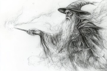 A highly detailed pencil sketch of a wizard with a long beard and pointed hat casting a spell using a wand, with swirling magical energy emanating from the tip, evoking a sense of ancient mysticism