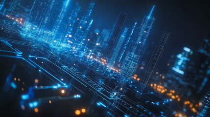 Fototapeta premium Smart digital Innovation city with connection network reciprocity over the cityscape. of future smart wireless digital city and social media networking systems that connects people with in city