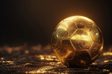 Naklejka premium Golden soccer ball resting on a glittering surface in a dark environment