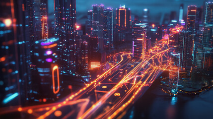 Fototapeta premium Smart digital Innovation city with connection network reciprocity over the cityscape. of future smart wireless digital city and social media networking systems that connects people with in city