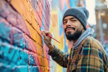 Street artist painting colorful graffiti artwork on brick wall