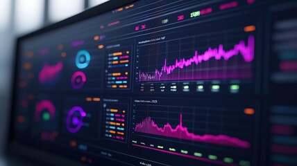 Fototapeta premium business intelligence with dashboard concept. Vibrant data visualization on a modern monitor displaying graphs and analytics in a tech environment.