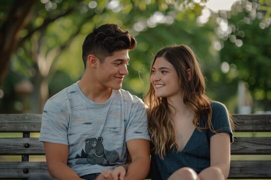 Young couple holding hands and looking at each other smiling