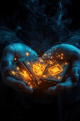 A mystical close-up of hands holding glowing tarot cards adorned with golden symbols, surrounded by ethereal blue smoke and floating sparks in a dark atmosphere