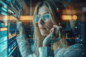 Businesswoman analyzing data on transparent touch screen interface in office at night