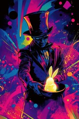 A bold pop art style of a magician pulling a glowing rabbit from a hat, with vivid neon splashes and abstract patterns conveying a dynamic and magical energy