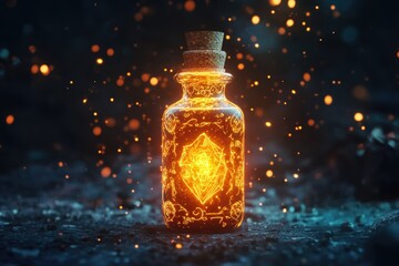 A glowing magical potion bottle adorned with intricate golden patterns and a cork stopper radiates warmth amidst a dark, mystical background filled with floating amber sparks