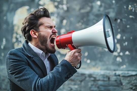 Angry man shouting through megaphone for protest or strike