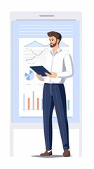 Man Analyzing Sales Data With Charts and Graphs in an Animated Illustration on a White Background. Generative AI
