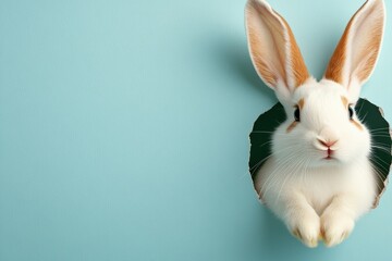 A cute white rabbit peeks from behind a green leaf against a bright blue background, creating a whimsical Easterthemed image that captures the joy of spring and its fresh delights