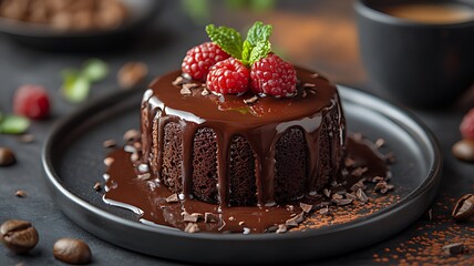 Molten chocolate cake with raspberries and mint, drizzled with chocolate ganache, served on a dark plate.
