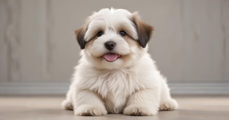 Obraz premium Adorable Havanese puppy sitting frontally with fluffy coat and joyful expression, fluffy, pup, dog