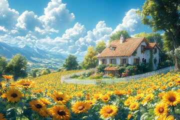 Fototapeta premium Charming bright country house with a white picket fence, lush green trees, vibrant flowers, and a sunny, cloudless blue sky, radiating idyllic countryside vibes