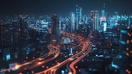 Fototapeta premium Smart digital Innovation city with connection network reciprocity over the cityscape. of future smart wireless digital city and social media networking systems that connects people with in city