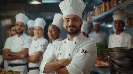 A group of chefs posing confidently in a restaurant kitchen.