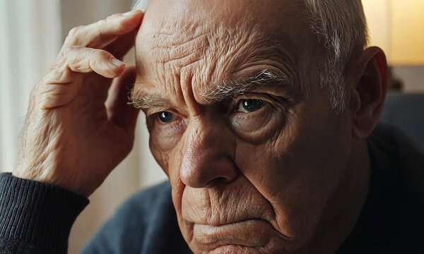 old man mental health alzheimer anxious forgetful zoom motion ai generated video concept