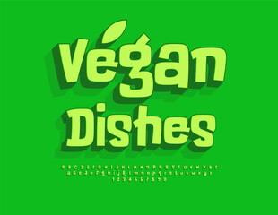 Naklejka premium Vector natural Emblem Vegan Dishes. Eco Green 3D Font. Isometric Alphabet Letters and Numbers set