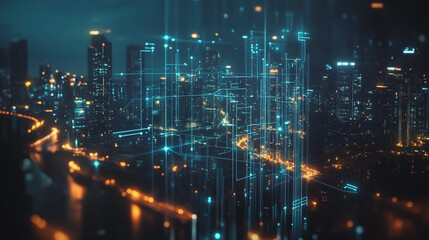 Naklejka premium Smart digital Innovation city with connection network reciprocity over the cityscape. of future smart wireless digital city and social media networking systems that connects people with in city