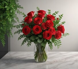Fototapeta premium Big red roses bouquet with lush greenery and foliage, hibiscus, bouquet
