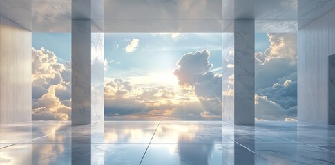 Vast open space with bright clouds and sunlight in modern architecture during daytime